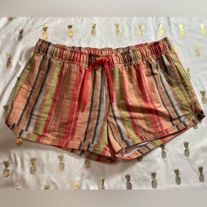 Prana Boardshorts, Ladies Sz M. Earth tone stripes. Tie at elastic waist, Pocket